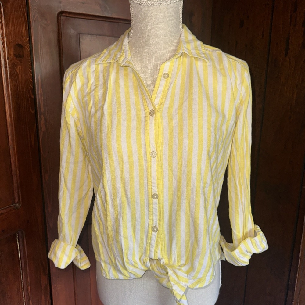 Womens LOFT XS Yellow Button Front Long Sleeve Shirt Linen Viscose Blend EUC